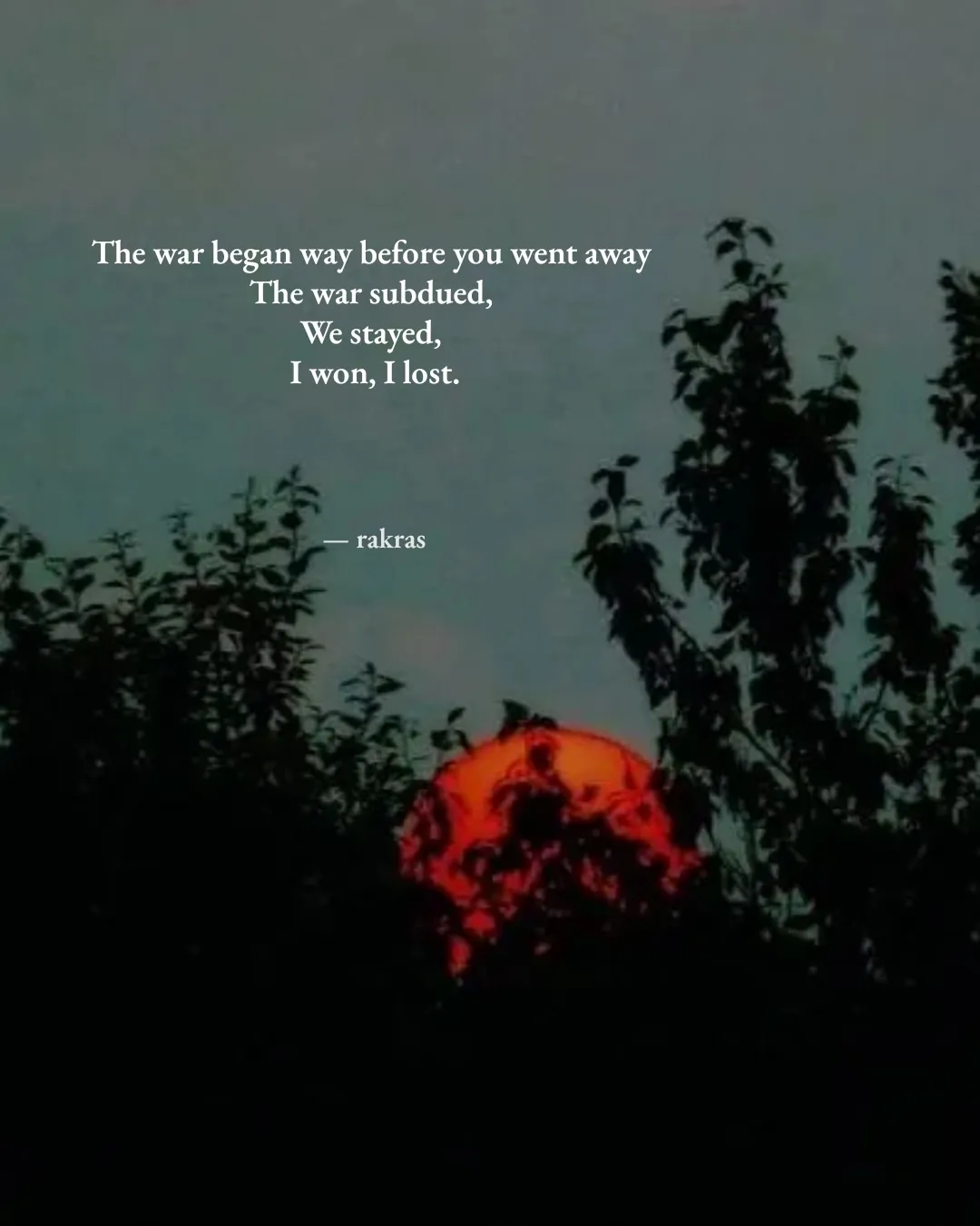 Quote: "The war began way before you went away 
The war subdued, 
We stayed, 
I won, I lost." — rakras