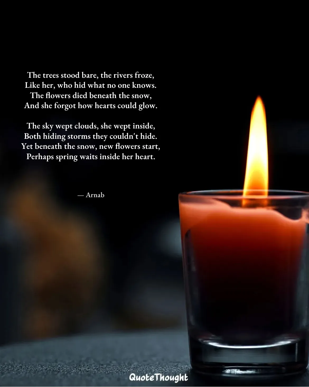 Quote: "The trees stood bare, the rivers froze,
Like her, who hid what no one knows.
The flowers died beneath the snow,
And she…" — Arnab