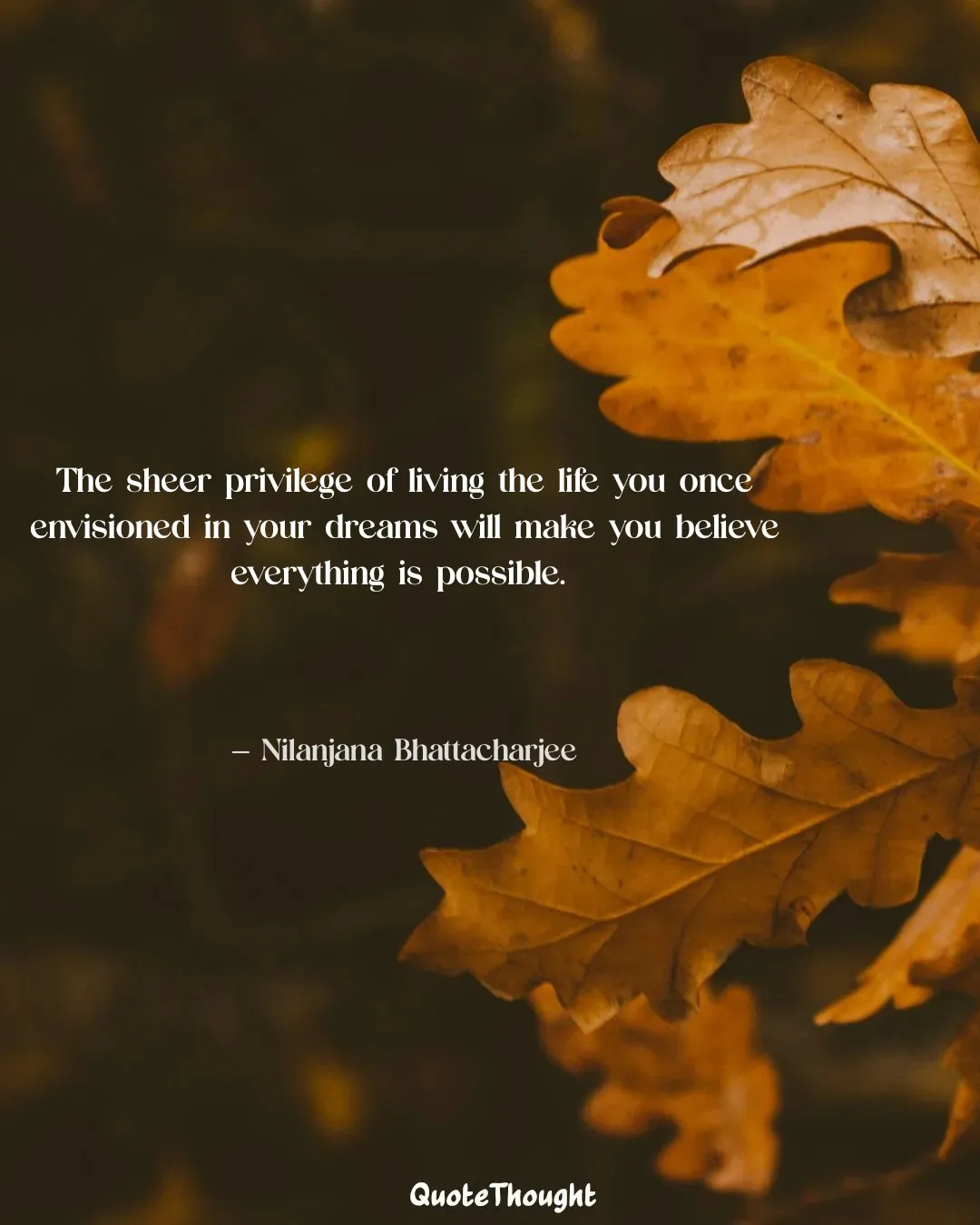Quote: "The sheer privilege of living the life you once envisioned in your dreams will make you believe everything is possible." — Nilanjana Bhattacharjee